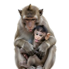 Fototapeta premium Loving Monkey Mother Cradling Her Baby with Tenderness and Care on White Background