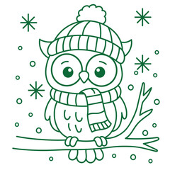 Cute cartoon owl wearing a winter hat and scarf sits on a branch amidst falling snow.