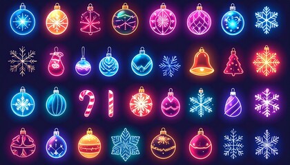 Neon Christmas Ornaments And Decorative Elements On Dark Background Festive Holiday Design
