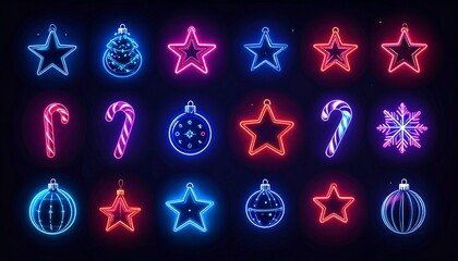 Neon Christmas Ornaments And Stars On Black Background Festive Holiday Season