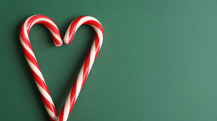 Christmas candy cane heart on green background with copy space image viewed from the top symbolizing love for Valentine s Day isolated on a green background