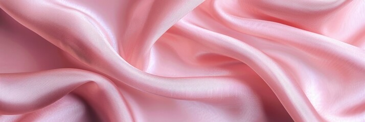 Obraz premium Smooth pink satin fabric with gentle folds and creases, forming an elegant, luxurious texture. Perfect for backgrounds in fashion, beauty, or wedding themes