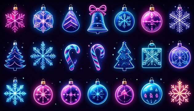 Neon Christmas Ornaments And Decorations Against Black Background in Pixelated Style with Pink And Blue Lights Displaying Festive Spirit