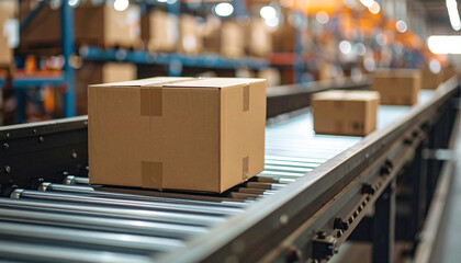 Cardboard boxes moving on conveyor belt in warehouse, delivery and logistics concept, industrial