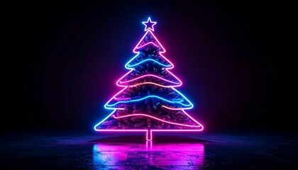 Neon Christmas Tree Silhouette Illuminated Against Dark Backdrop with Pink And Blue Lights