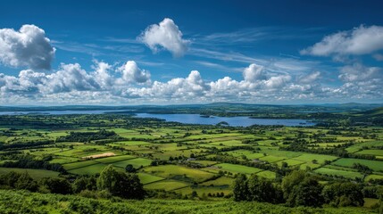 Vibrant Lough Derg Lake Surrounded by Lush Green Fields and Countryside Under a Bright Summer Sky in Taut, County Tipperary, Ireland