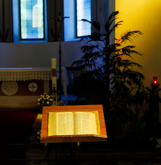 Open Bible placed on the church lectern, Church of the Good Shepherd, Trieste