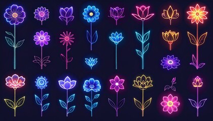 Neon Floral Vector Illustrations on Dark Background with Glowing Petals and Stems Various Shapes and Colors