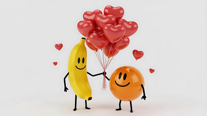 Banana and orange with hearts and air balloons. Valentine cartoon isolated on a white background