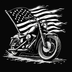 Vector black and white design with drawing
biker motorcycle with torn national usa flag 
on black background. Fashion american t-shirt print 
for fabric, men clothing, hoodie, biker jacket. 