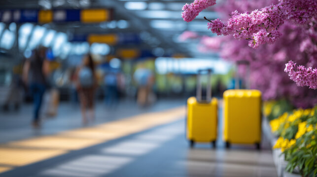 Travelers with suitcases walking through bright spring airport terminal
