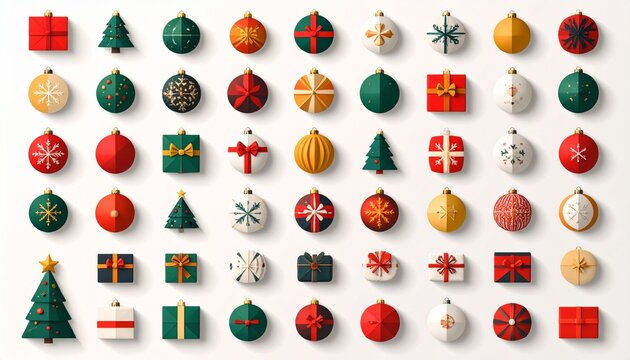 Pixelated Christmas Ornaments and Gift Boxes Arrangement on White Background with Shadows - Powered by Adobe