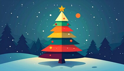 Pixelated Christmas Tree Illustration With Snow Falling Against A Dark Blue Background