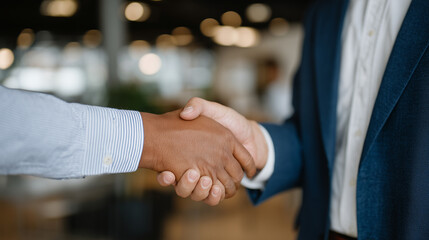 Two colleagues shaking hands in bright office environment, symbolizing new beginnings and partnership