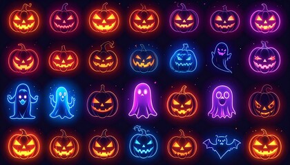 Pixelated Halloween Pumpkins and Ghosts in a Dark Setting with Glowing Orange and Blue Lights