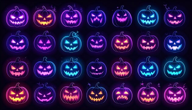 Pixelated Halloween Pumpkin Faces Displayed on a Dark Background with Glowing Lights in Purple and Orange Tones