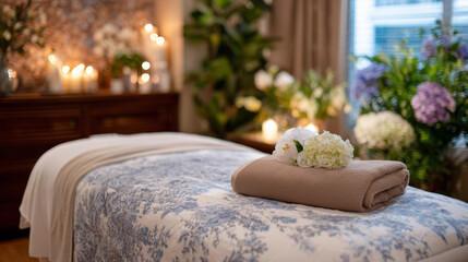 Massage therapy session in warm, natural ambient lighting with spring floral dÃ©cor