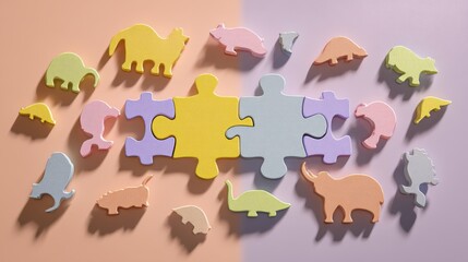 Colorful dinosaur and puzzle piece arrangement for creative learning