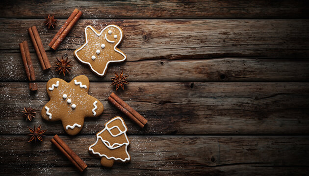 Festive gingerbread cookies with cinnamon sticks and star anise on a rustic wooden background, evoking a warm holiday spirit.