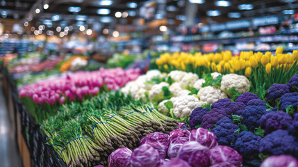 Grocery store produce aisle filled with early spring fruits and vegetables