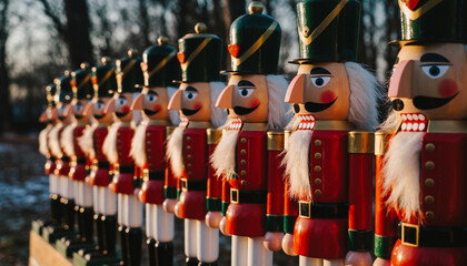 A festive line of traditional wooden nutcracker figures, decorated in red and green uniforms with tall hats, presented outdoors