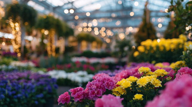 Customer picking seasonal flowers at garden center under warm light