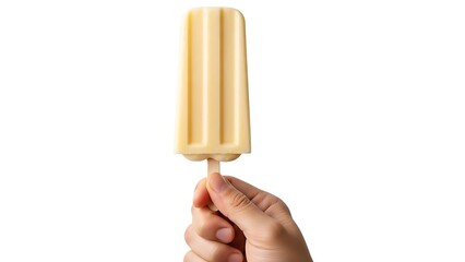 Close-up of a hand holding a rectangular yellow ice lolly on a wooden stick, symbolizing a cool summer treat.