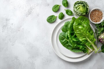 Top View of Fresh Raw Greens and Grains on Light Grey Marble with White Plate Centered