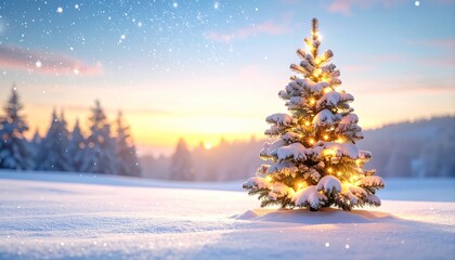Snow Covered Pine Tree Lit With Golden Lights in Winter Wonderland at Sunset