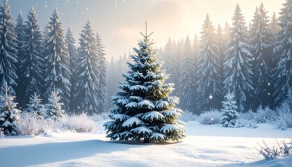 Fototapeta premium Snow Covered Pine Tree in Winter Forest with Snowfall against Sunlit Sky