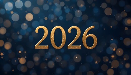 Golden year 2026 text overlay on a dark blue bokeh background