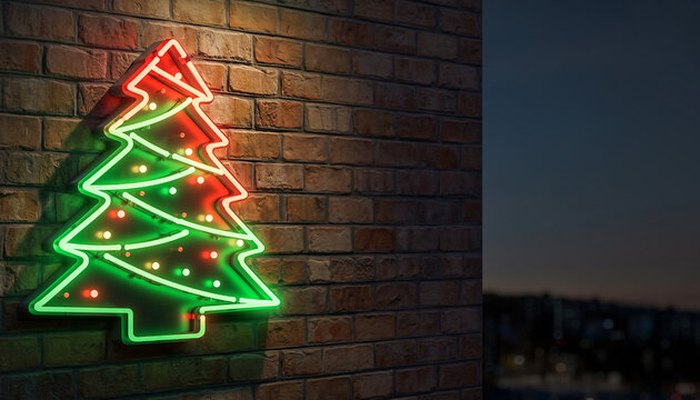 Vibrant neon Christmas tree sign glowing red and green on a rustic brick wall at night. - Powered by Adobe