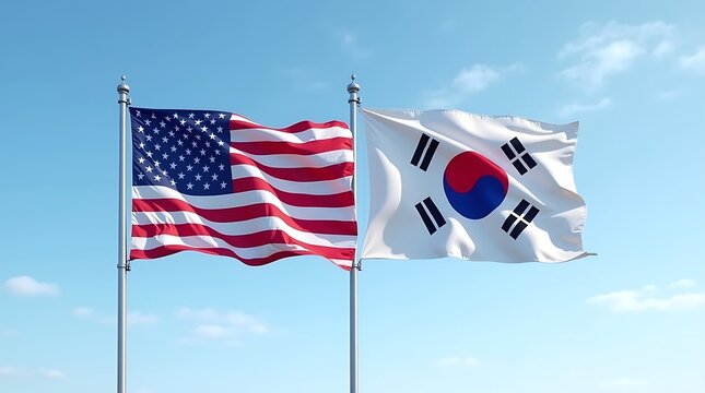 American and south korean flags waving together against a clear blue sky