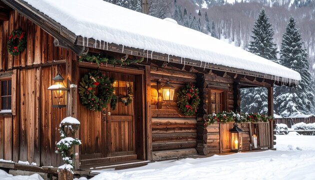 Snow Covered Wooden Cabin Decorated For Winter Holidays with Festive Wreaths and Glowing Lanterns
