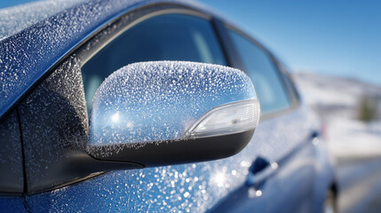 Car panel and handle coated in shimmering frost dust, bright morning reflections emphasizing the frozen textures, close-up crisp detail for commercial use