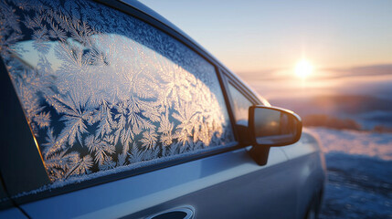 Car panel and handle coated in shimmering frost dust, bright morning reflections emphasizing the frozen textures, close-up crisp detail for commercial use
