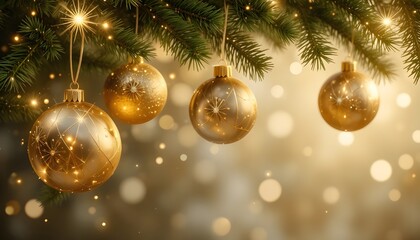 Closeup of golden christmas ornaments hanging from a festive evergreen branch