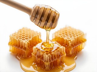 Thick golden honey being drizzled from a wooden dipper onto cubes of natural honeycomb against a white background.