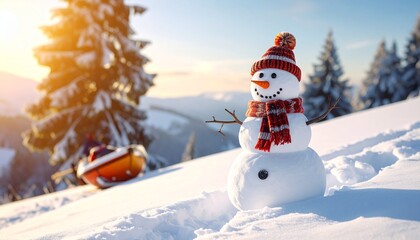 Snowman on Snowy Hillside with Winter Landscape and Sunset Background