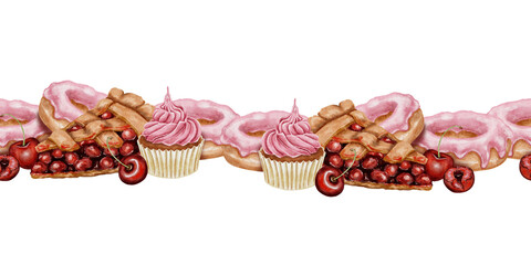 Naklejka premium Watercolor seamless border featuring cherry pie, pink glazed donuts, cupcakes, and whole cherries in warm tones. Illustration for packaging, textile design, pastry branding, and festive products.