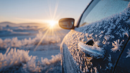Close-up of a frozen car door handle coated in delicate morning frost crystals, golden sunlight flaring behind it, symbolizing car care, de-icing products, and winter maintenance s