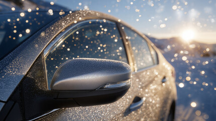 Car panel and handle coated in shimmering frost dust, bright morning reflections emphasizing the frozen textures, close-up crisp detail for commercial use