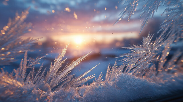 Windshield with dense frost crystals sparkling intensely under strong sunrise light, vivid contrast between warm sun and cold ice textures - Powered by Adobe
