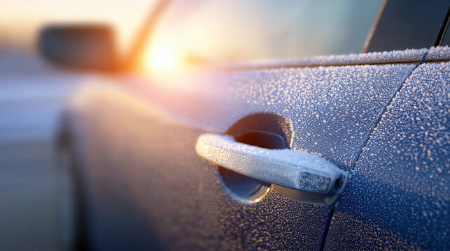 Car panel and handle coated in shimmering frost dust, bright morning reflections emphasizing the frozen textures, close-up crisp detail for commercial use