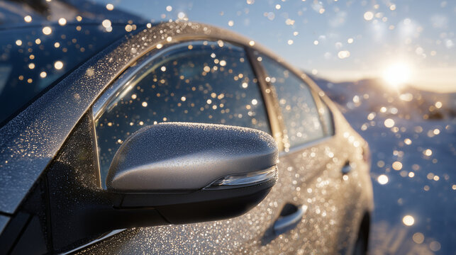 Car panel and handle coated in shimmering frost dust, bright morning reflections emphasizing the frozen textures, close-up crisp detail for commercial use