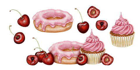 Watercolor illustration set pink cupcake glazed donut and fresh cherries. for bakery packaging dessert branding food blogs childrens party invitations menus and confectionery promotions.