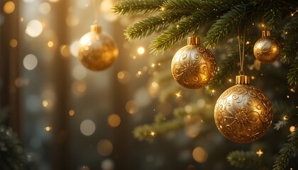 Close up of golden christmas ornaments hanging on a festive evergreen tree