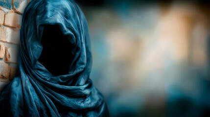 Dark, hooded figure emerging from shadows, representing concepts of mystery, death, loneliness, fear, and anonymity