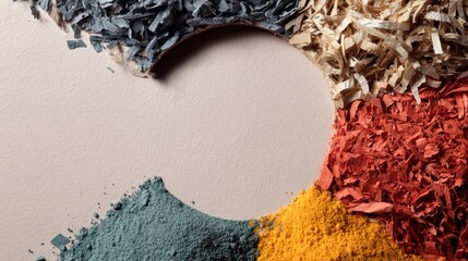 Artistic composition of colorful textured papers and powders on pastel background