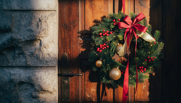 A festive Christmas wreath adorned with a large red bow and golden ornaments hangs on a rustic wooden door, partially illuminated by sunlight. - Powered by Adobe